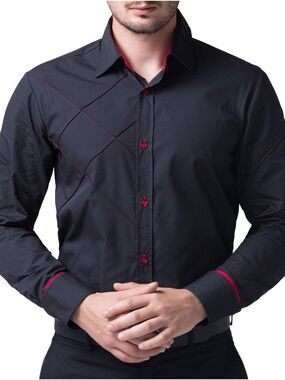 Jeansian Men's Black Button-Down Shirt with Red Trim